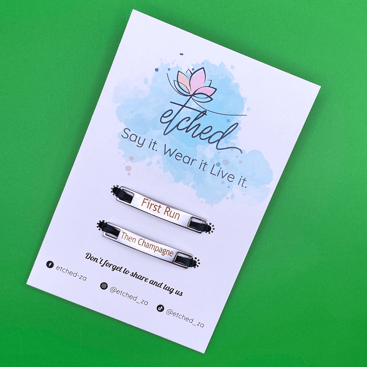 First Run, Then Champagne - Shoe Tag - etched