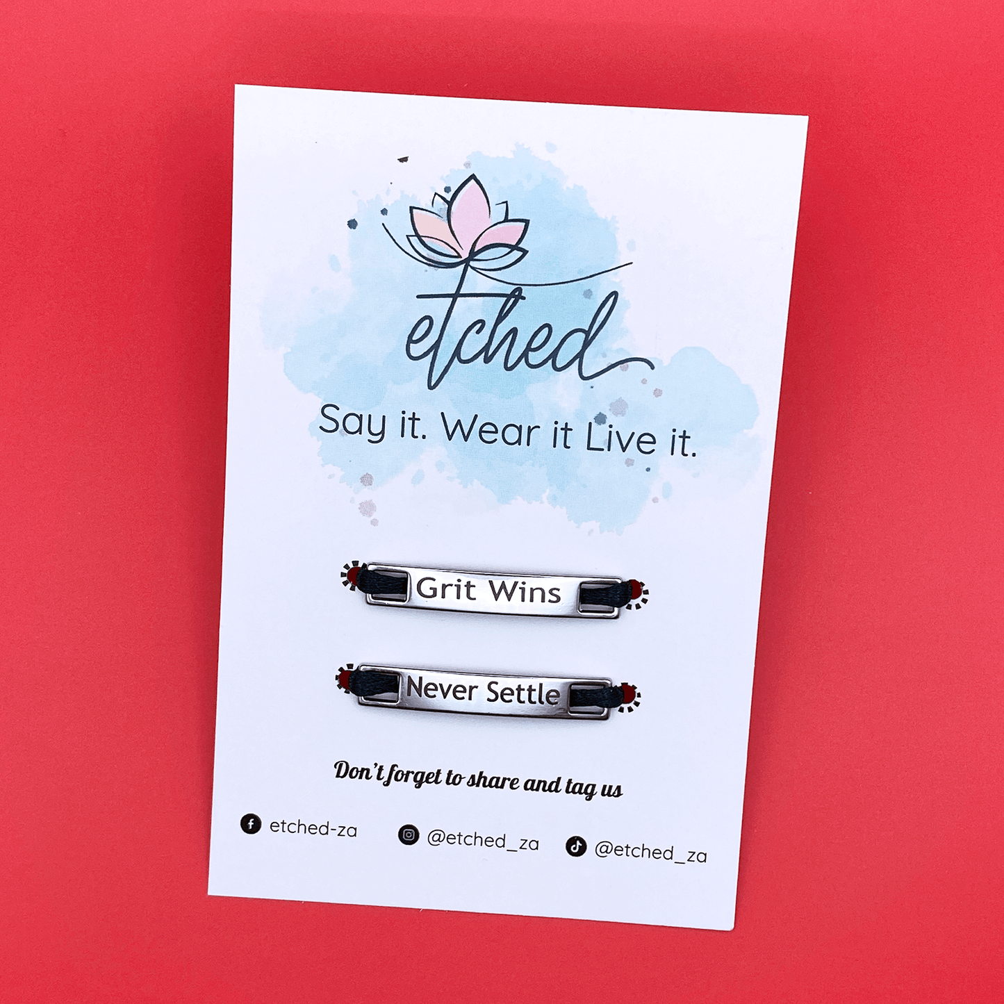 Image of etched product card showing the Grit wins Never Settle shoe tags