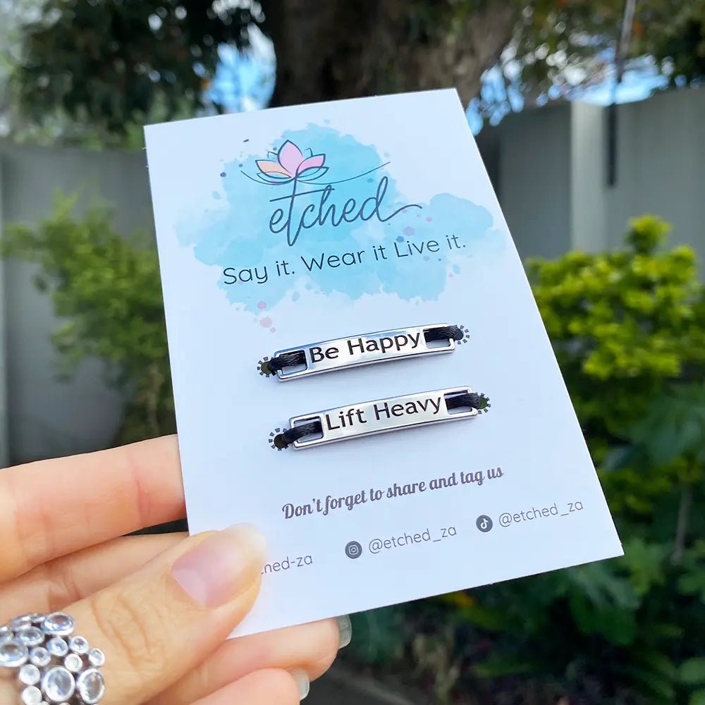 Be Happy, Lift Heavy - Shoe Tag - etched