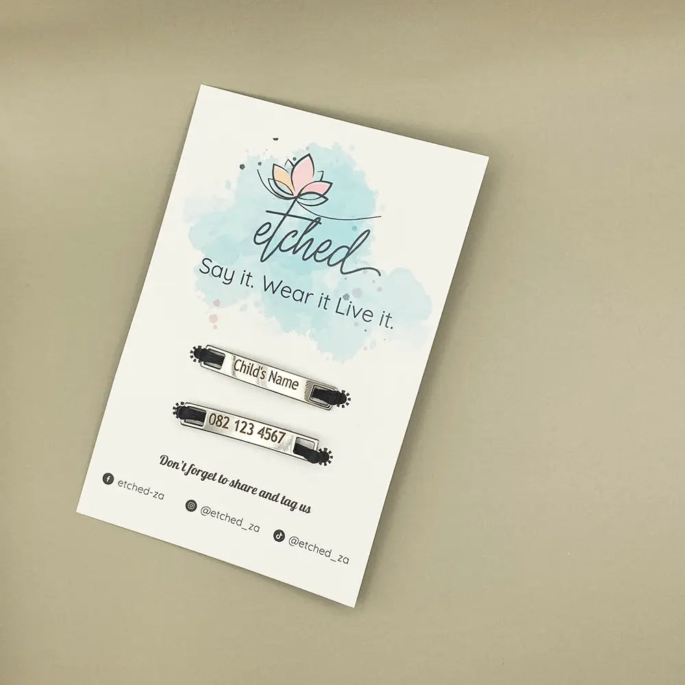 Image of etched product card on a beige background, showing how they can be personalised for children's shoes and used instead of traditional shoe labels.