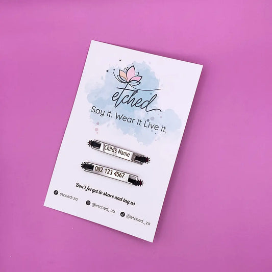 Image of etched product card showing the how they can be personalised for children's shoes and used instead of traditional shoe labels.