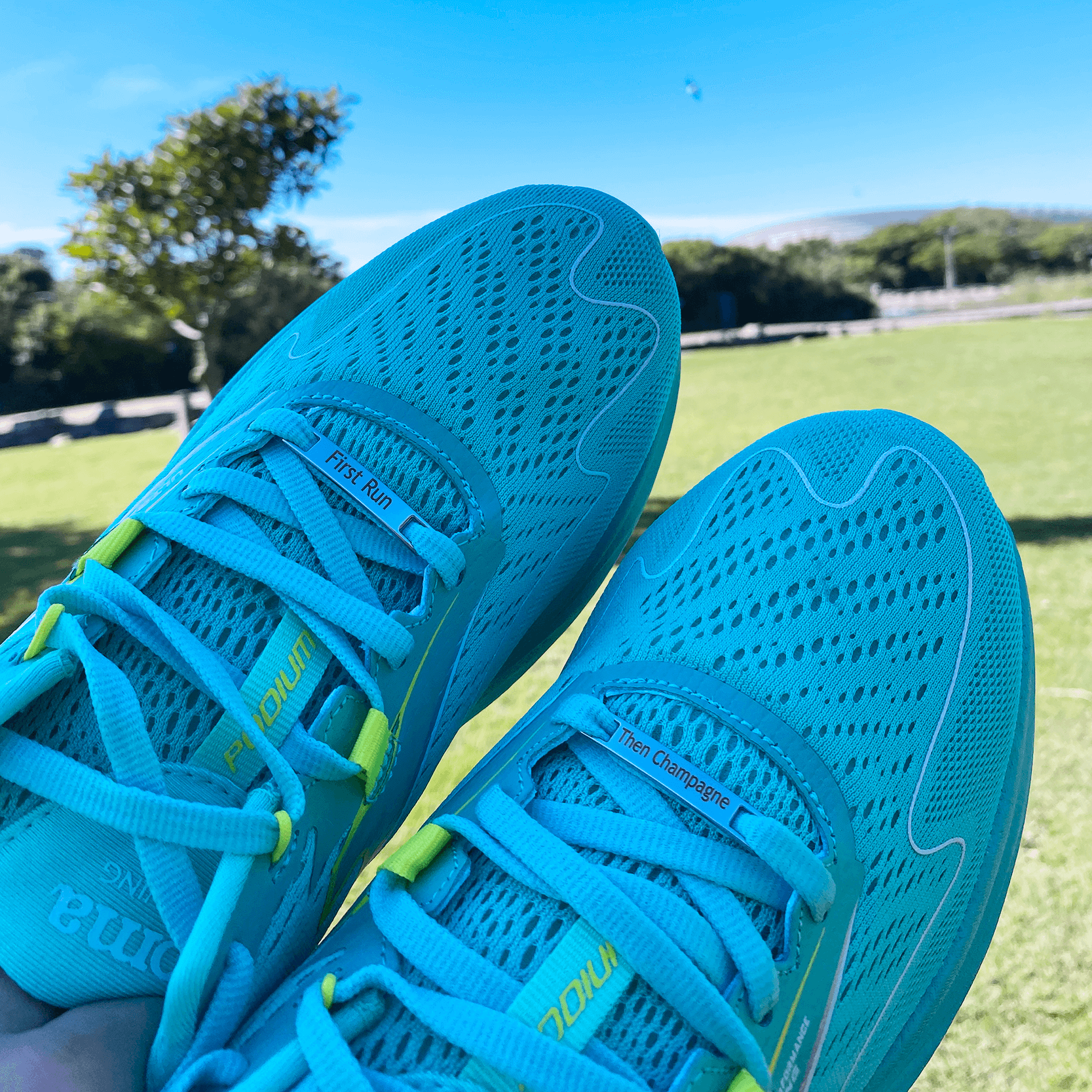 Image of etched shoe tags First Run Then Champagne on a pair of running shoes with a park in the background