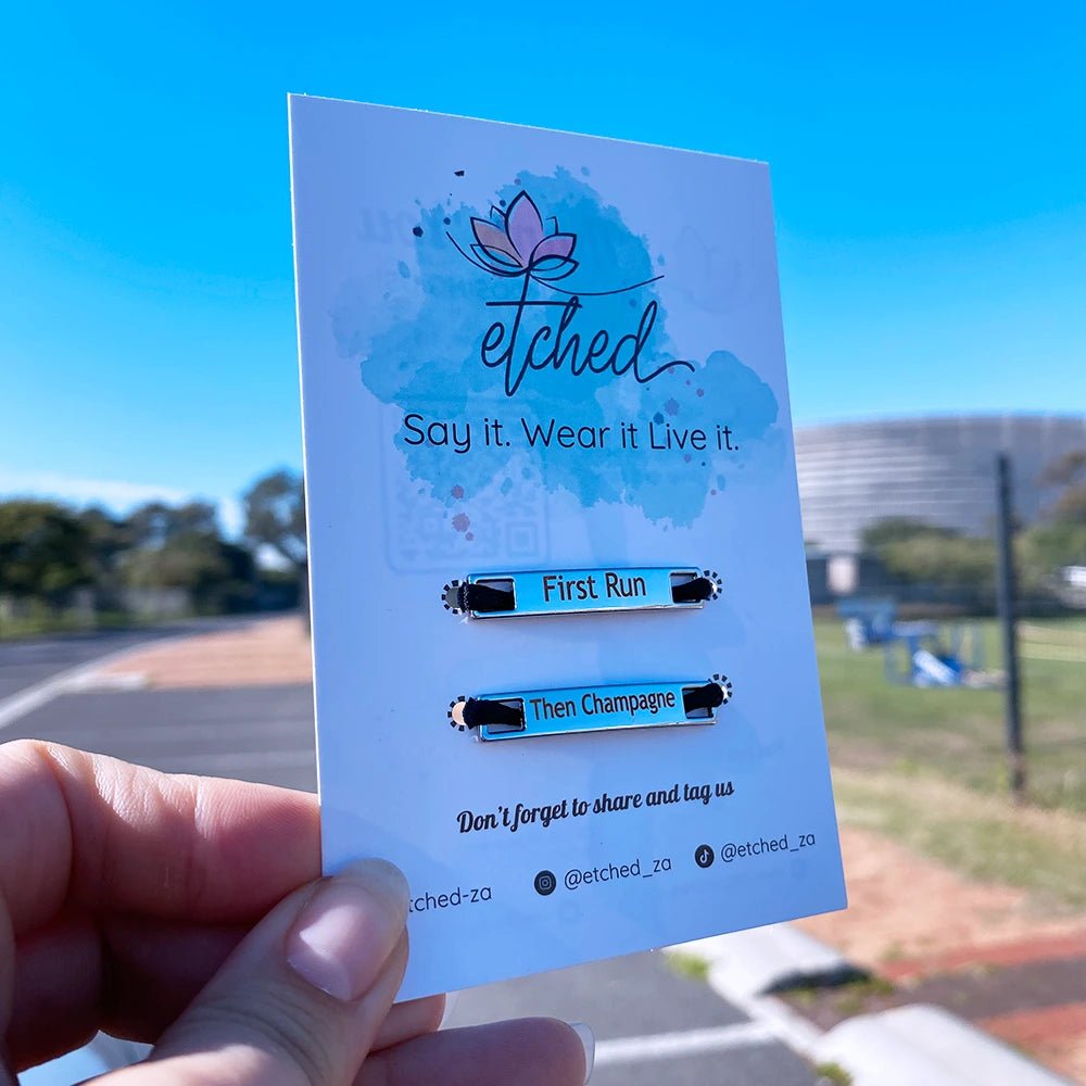 First Run, Then Champagne - Shoe Tag - etched