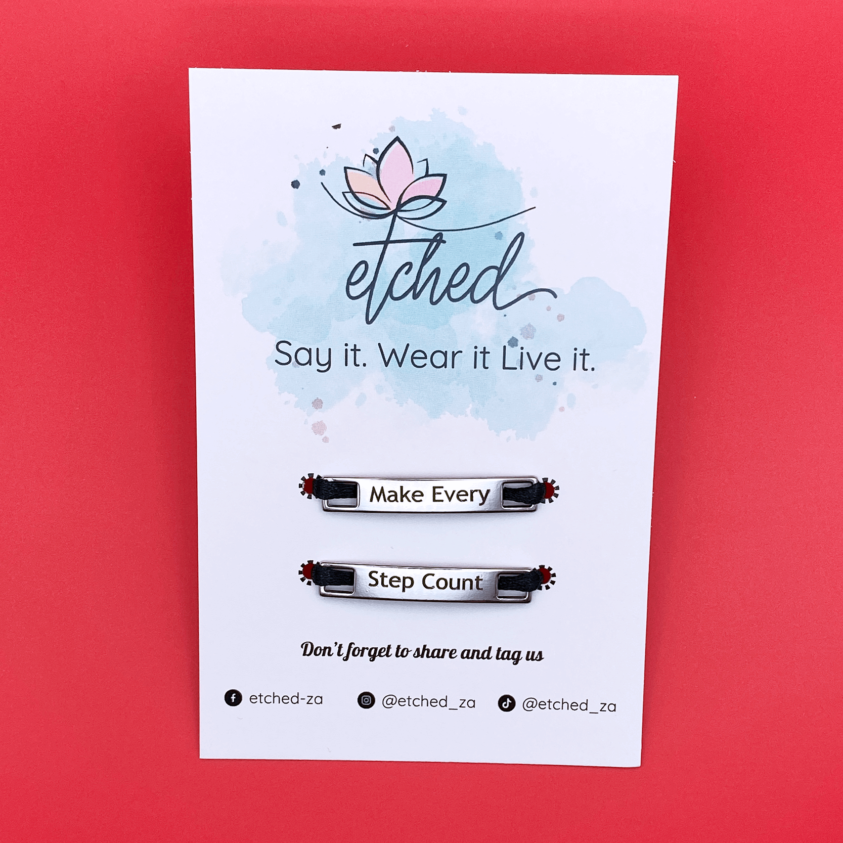 Image of etched product card showing the Make Every Step Count shoe tags