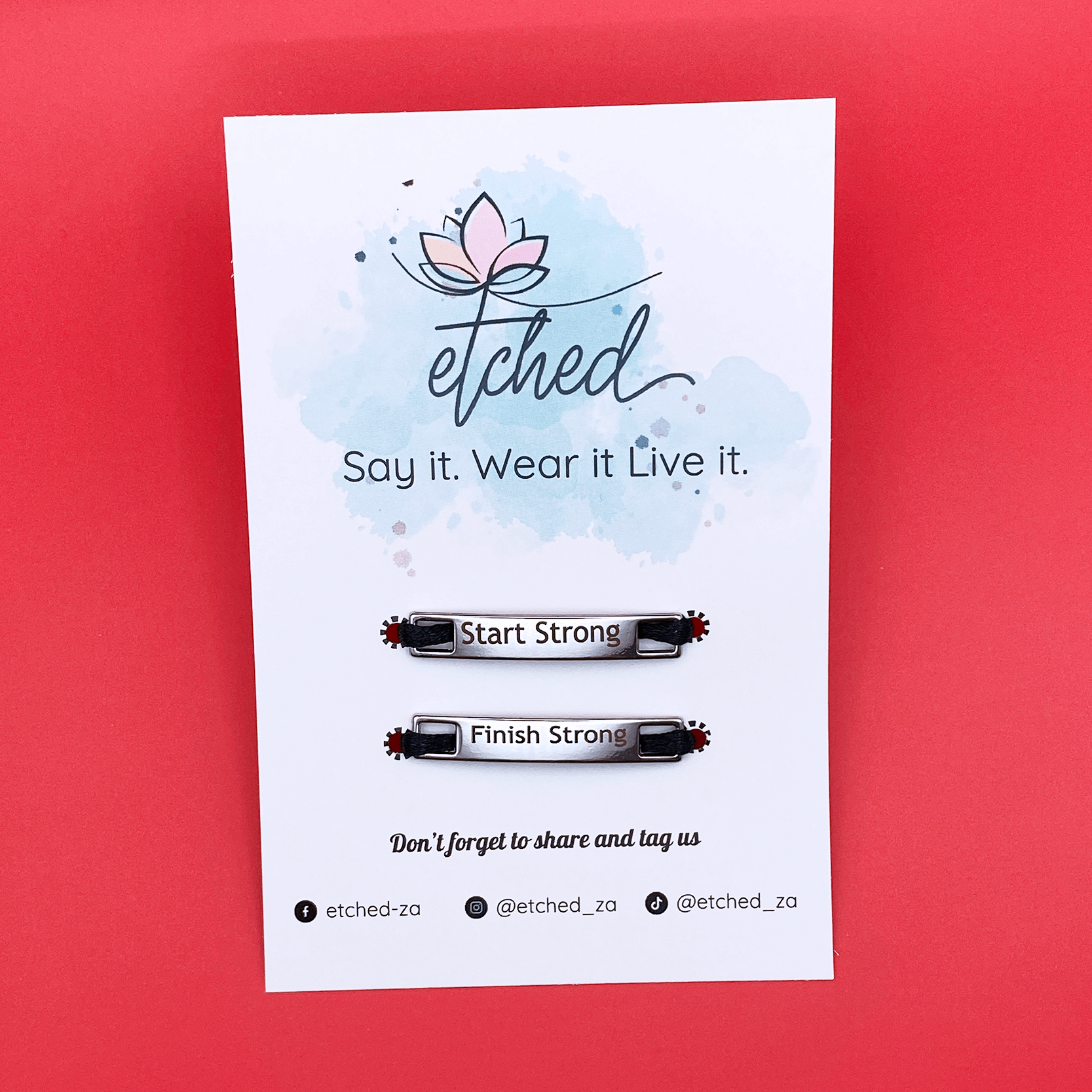Image of etched product card showing the Start Strong Finish Strong shoe tags on a red background
